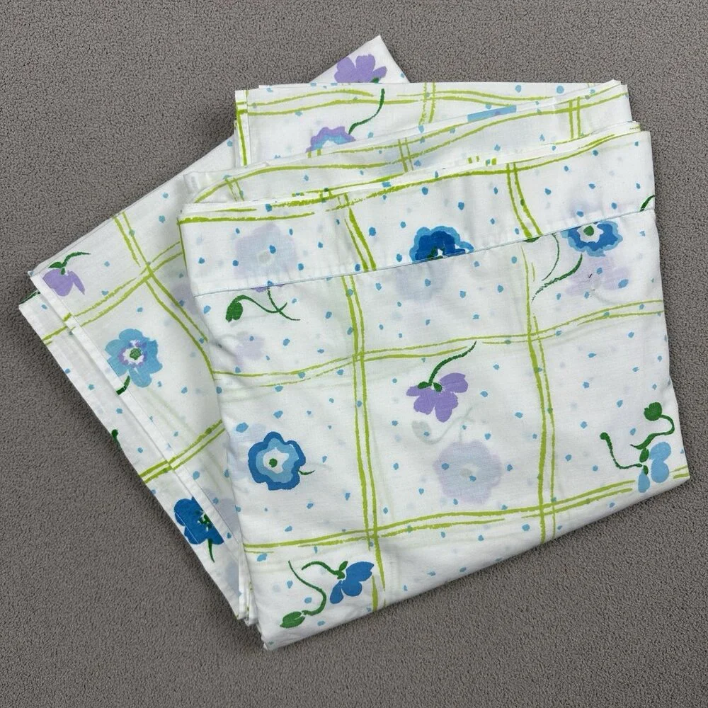 Vtg Cannon Monticello Twin Flat Sheet White Blue Floral Green No Iron Percale